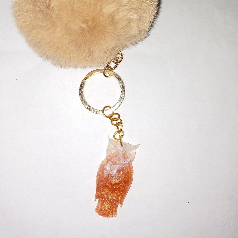 Gold White Owl Fluff Ball Animal Keychain